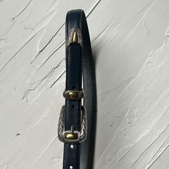 Vintage 90s 1992 Navy Leather Silver Belt Gold Details Brighton Leather Small - Picture 2 of 6